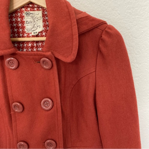 Tulle Anthropologie Red Peacoat Wool Blend with Hood, Size XS - Picture 2 of 5